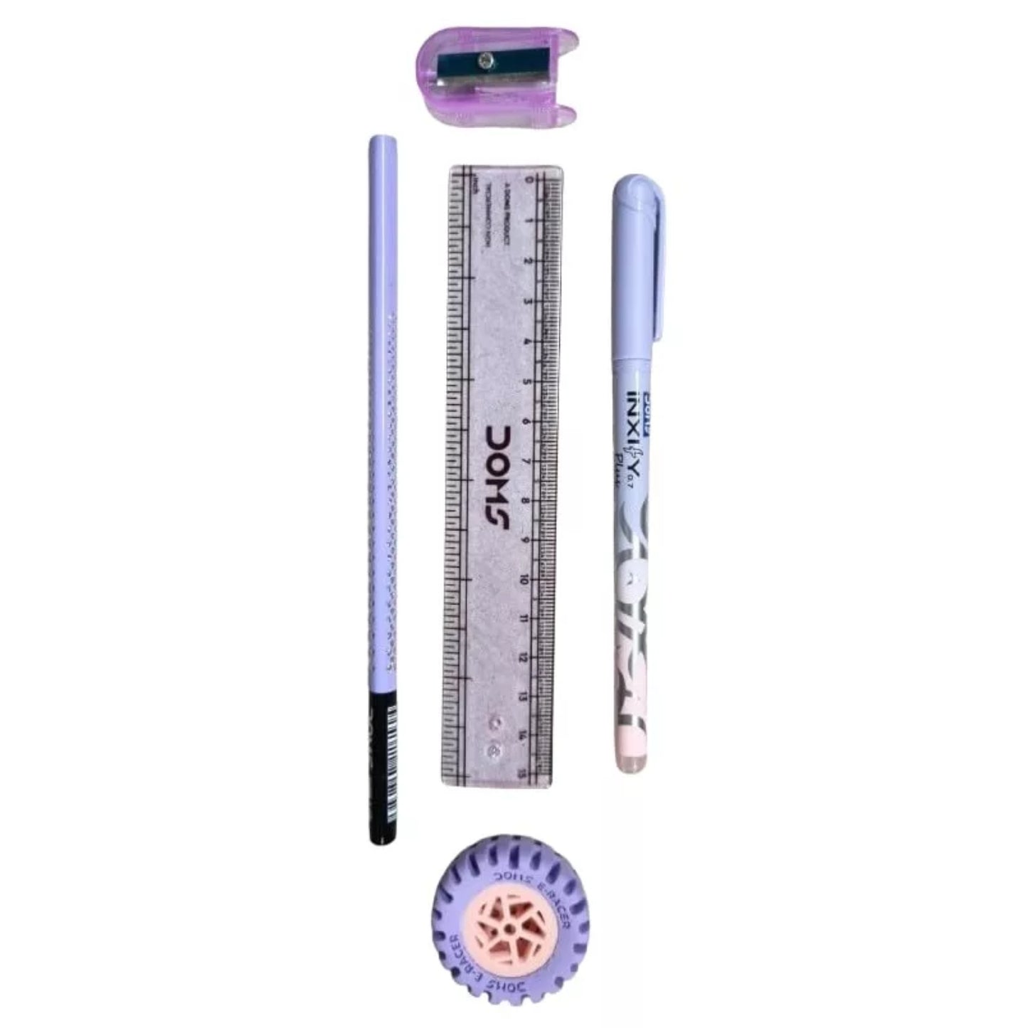 Set of stationery items including a ruler, pen, and eraser on a white background