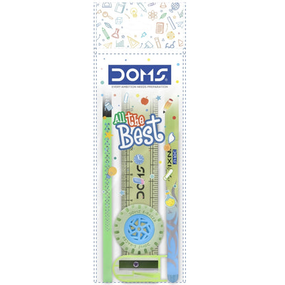 Stationery set with ruler and pen in colorful packaging on a white background