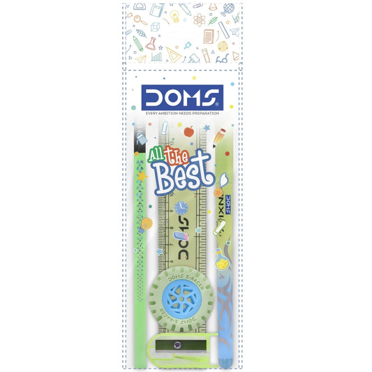 Stationery set with ruler and pen in colorful packaging on a white background