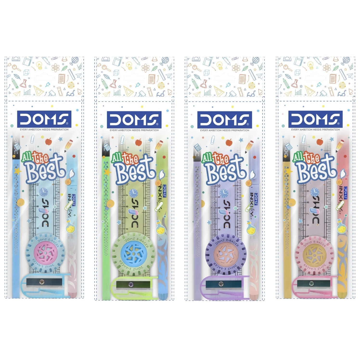 Four packages of DOMS stationery items with colorful designs on a white background