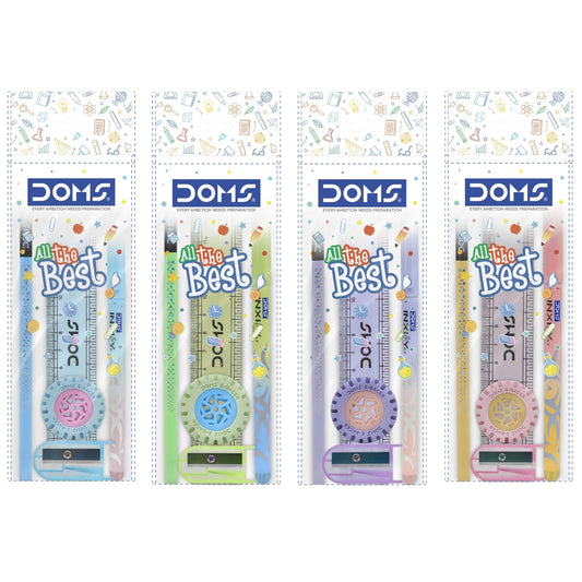 Four packages of DOMS stationery items with colorful designs on a white background