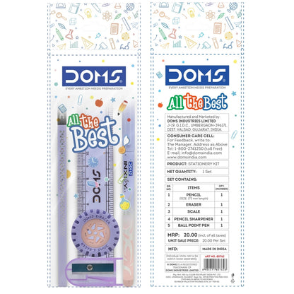DOMS stationery set packaging with ruler, pencil, eraser, sharpener, and pen on a white background.
